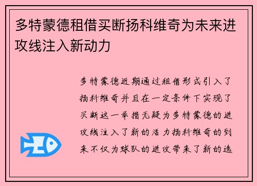 多特蒙德租借买断扬科维奇为未来进攻线注入新动力